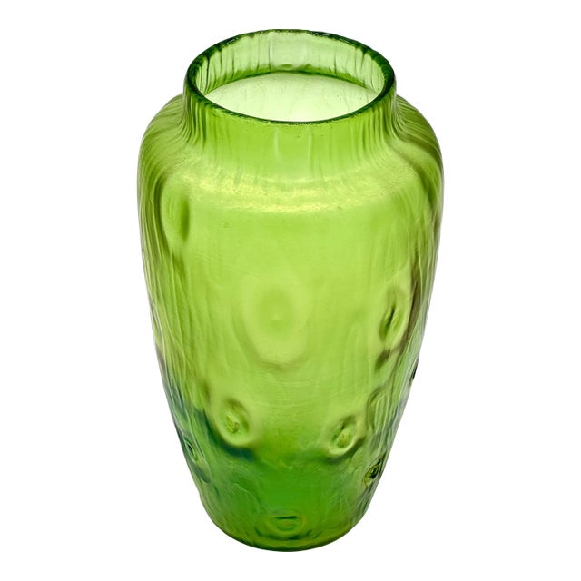 Antique Loetz Creta Rustican Green Nouveau Art Iridescent Vase - Austrian - Pinched Dimples For Sale