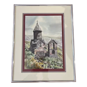 Watercolour on Paper by P. Jangirov Made in 1994 Spitakavor Church Framed Signed