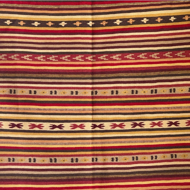 Large Indian Beige Rug with Red, Yellow and White Stripes and Geometric Borders, 1980s For Sale - Image 11 of 18