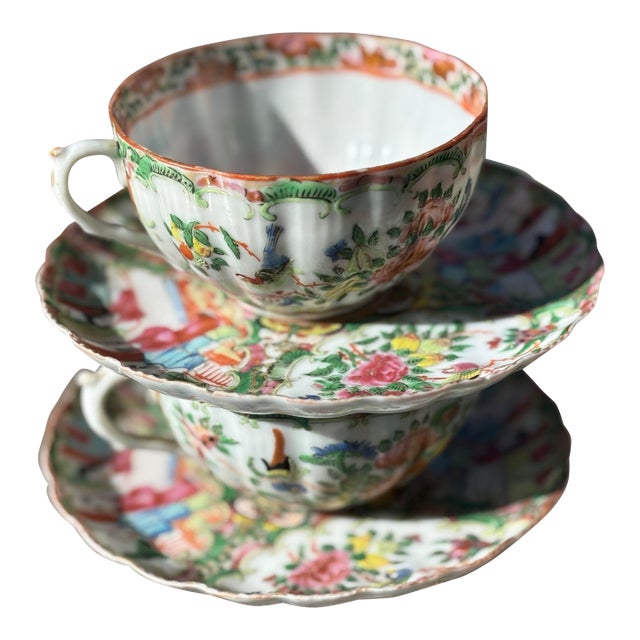 Circa 1820-1890 Rose Medallion Teacups and Saucers Set- 4 Pieces For Sale