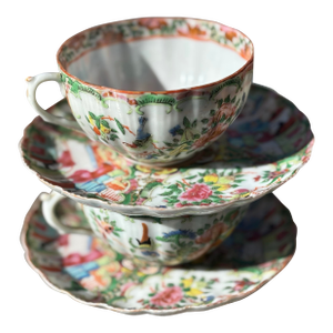 Circa 1820-1890 Rose Medallion Teacups and Saucers Set- 4 Pieces