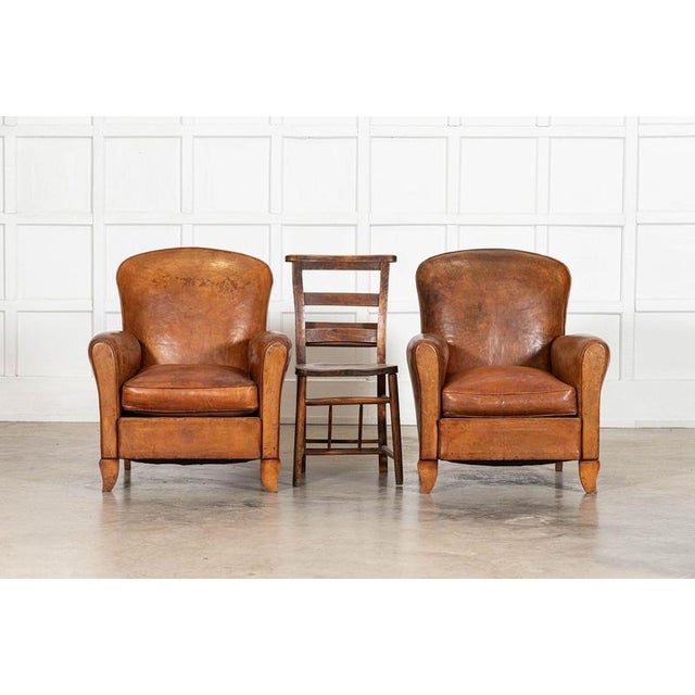 English Tan Leather Club Armchairs, 1920, Set of 2 For Sale - Image 4 of 17