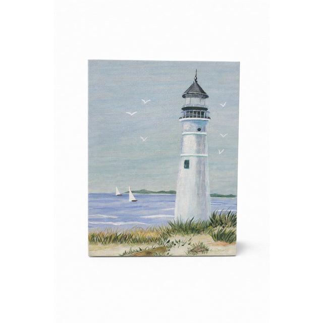 Textile Original Coastal Lighthouse Painting on Canvas For Sale - Image 7 of 7