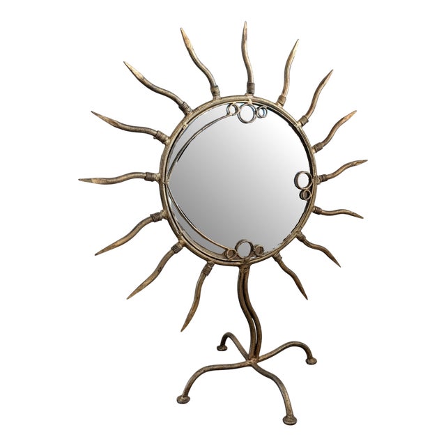Vintage American Postmodern Gilt Iron Sunburst Table Mirror, 1980s For Sale