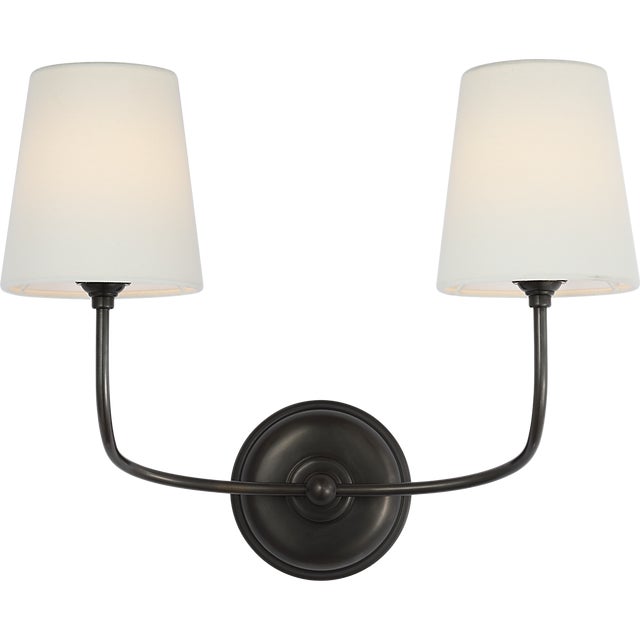 Vendome 16" Cordless Double Sconce in Bronze with Linen Shades Designer: Thomas O'Brien Finish: Bronze Height: 16.25"...