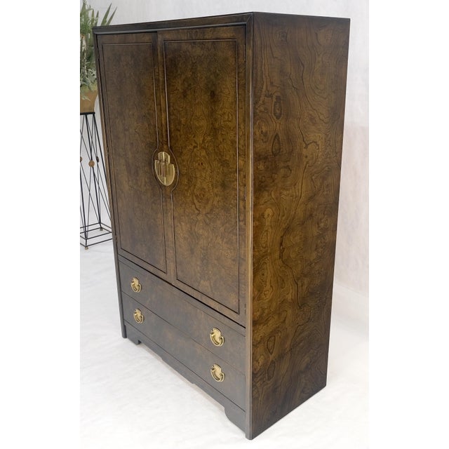 Mid-Century Modern Large Burl Wood Brass 2 Doors Drawer Mastercraft Gentleman's Chest Dresser MINT For Sale - Image 3 of 13