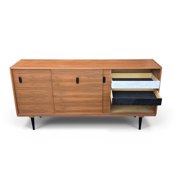 Mid-Century Modern Teak Buffet Credenza With Sliding Doors & Adjustable Shelves For Sale - Image 9 of 15