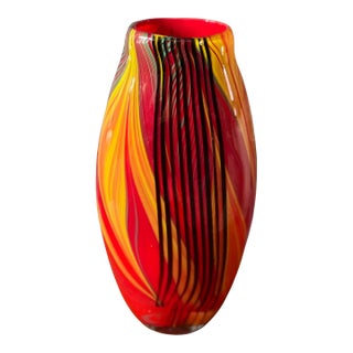 Art Glass Red Yellow Black Swirled Oval Vase For Sale