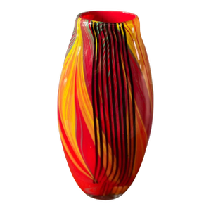 Art Glass Red Yellow Black Swirled Oval Vase