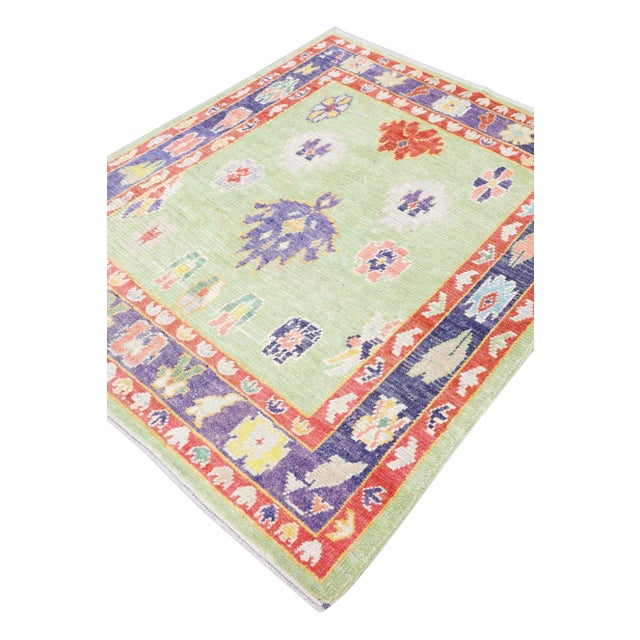 Green Early 21st Century Green Multicolor Handwoven Wool Turkish Oushak Rug 5'5'" X 6'6'" For Sale - Image 8 of 9