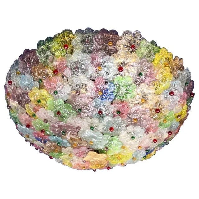 Amazing Mid-Century Modern hand blown Italian flush mount chandelier featuring overlapping multi-color crystal flowers,...