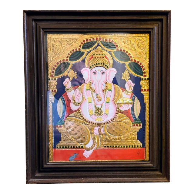 Vintage Traditional Hindu Tanjore Painting: Lord Ganesha For Sale