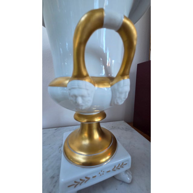 White Vintage Belgian Cerabel Baudour White and Gold Empire-Style Covered Porcelain Urn For Sale - Image 8 of 18