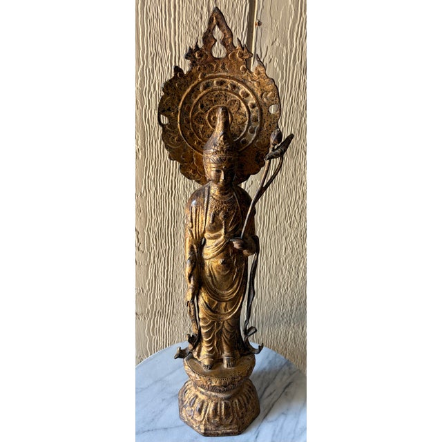 Mid-Century Japanese Gilt Bronze Standing Kannon Bosatsu Altar Statue – 25" For Sale - Image 4 of 11