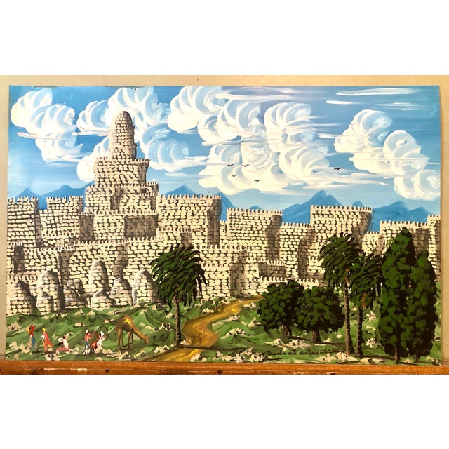 Gabriel Cohen, Large Israeli Naive Art Screen Enamel Oil Painting Jerusalem Old City Folk Art For Sale - Image 4 of 12