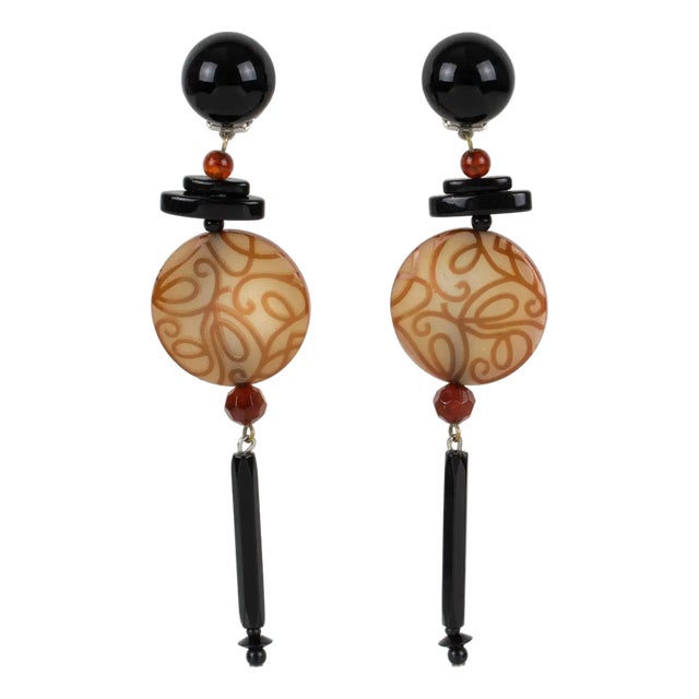 Angela Caputi Honey and Black Dangle Resin Earrings Arabesque Design For Sale