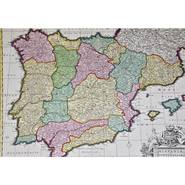 Early 18th Century Spain and Portugal: An 18th Century Hand Colored Map by Visscher For Sale - Image 5 of 12