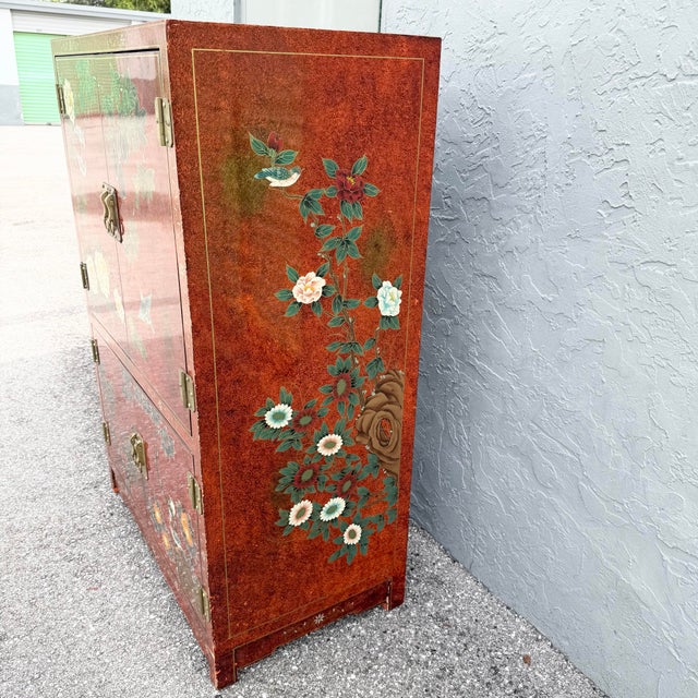 Vintage Chinese Red Hand Painted Armoire/Caninet For Sale - Image 4 of 11