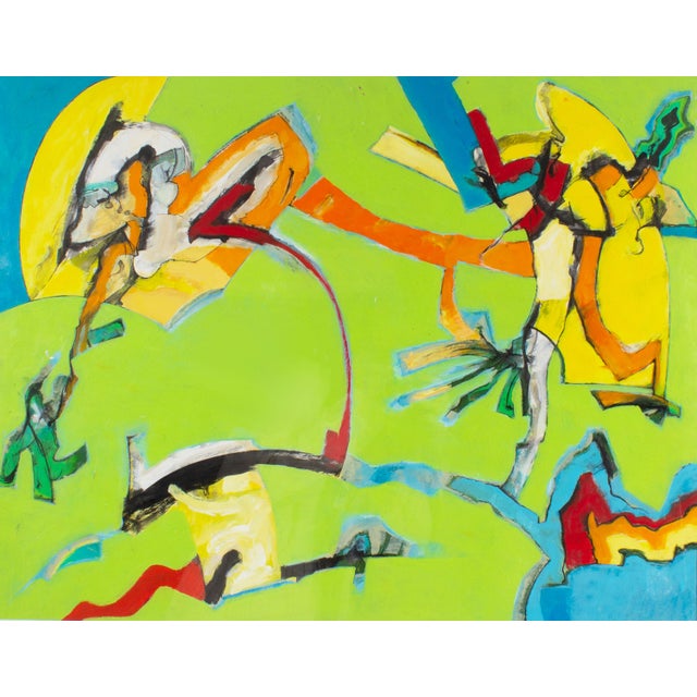 An abstract mixed media painting by the American artist James L. Bruch (1942-2023). This brightly colored composition...