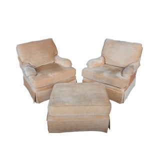 Barbara Barry for Baker Furniture Beige Corduroy Club Lounge Chairs & Ottomans- 3 Pieces For Sale