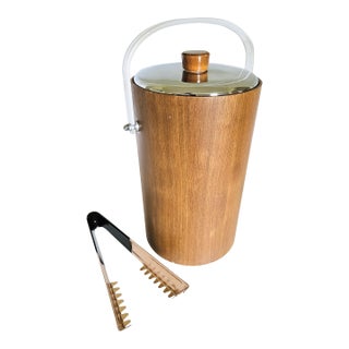 60s Retro Thermos Insulated Walnut Ice Bucket With Tongs For Sale