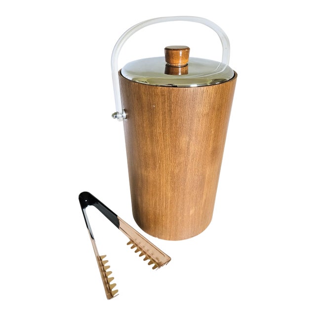 60s Retro Thermos Insulated Walnut Ice Bucket With Tongs For Sale