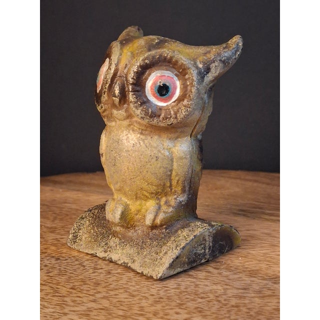 Gold Vintage Cast Iron Owl on Stump Still Bank Gold Finish 3.7" Moore Pg 90 #599 For Sale - Image 8 of 18