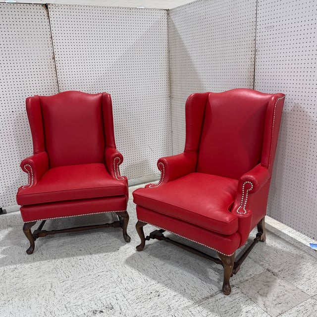 Traditional Vintage Pair of Red Leather Wingback Chairs For Sale - Image 3 of 7