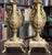 Antique pair of Art Nouveau gilt metal and marble cassolettes / garniture vases, circa 1890s. They feature an Art Nouveau...
