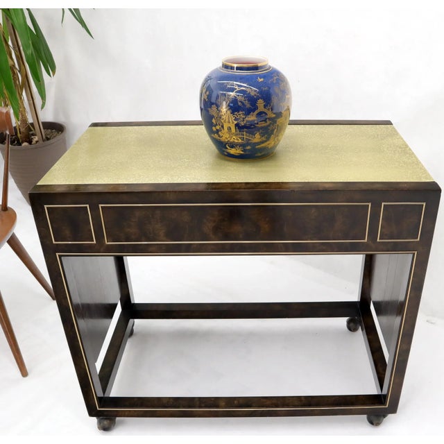 Metal Drop Leaf Textured Brass Top Burl Wood Rolling Serving Cart Bar by Mastercraft For Sale - Image 7 of 13