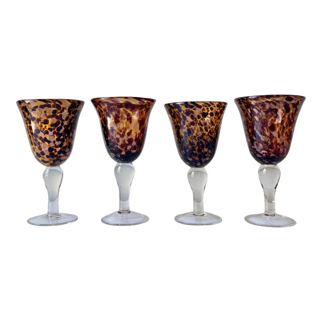 Late 20th Century Blown Tortoiseshell Dichroic Glass Flared Wine Goblets - Set of Four For Sale