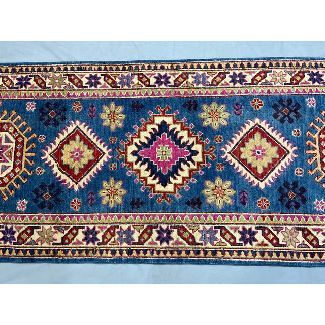 Blue and Pink Kazak-Style Wool Runner Rug With Geometric Medallions, 2 ...