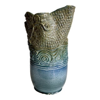 Signed 1970s Blue Hand Build Coil Mid Century Stoneware Vase / 70s Organic Art Vessel /Modernist Ceramic Art Studio Pottery For Sale