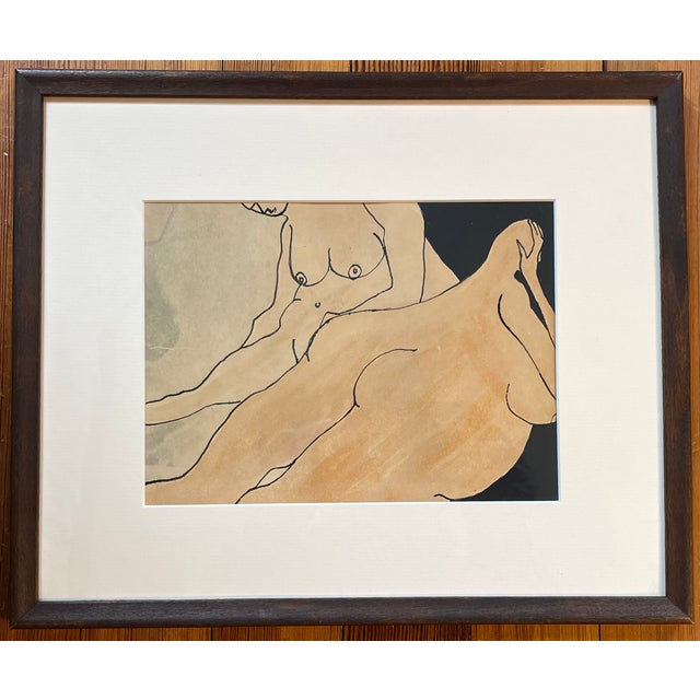 Anna Poulos (American 1933 - 2003) Modernist Abstract Figural Ink Drawing and Watercolor Painting of Two Nude Women Dated 1966 For Sale - Image 9 of 9