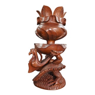 Large Vintage Hand Carved Solid Wood Dragon and Lotus Sculpture For Sale