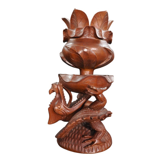 Large Vintage Hand Carved Solid Wood Dragon and Lotus Sculpture For Sale