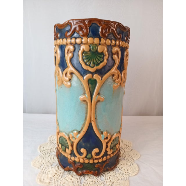 Antique Ornate Majolica Art Nouveau Umbrella/Cane Stand Holder For Sale - Image 10 of 11