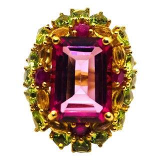Bochic “Capri” Vintage Fancy Sapphires & Amethyst Ring — 18K Gold & Silver For Sale