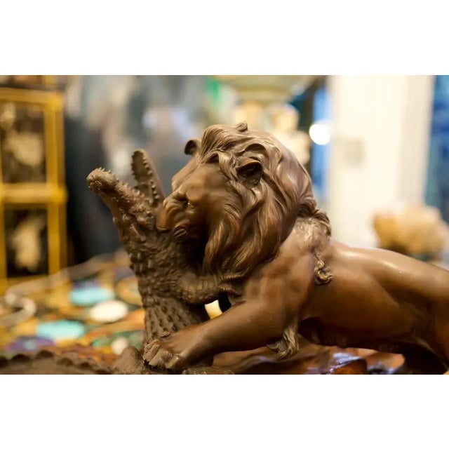 19th Century Bronze Lion and Crocodile on Hardwood Base For Sale - Image 3 of 9