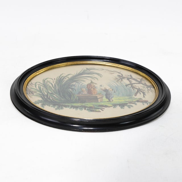 Green Vintage Pillement-Style Chinoiserie Art of Children Blowing Bubbles in Oval Frame For Sale - Image 8 of 12