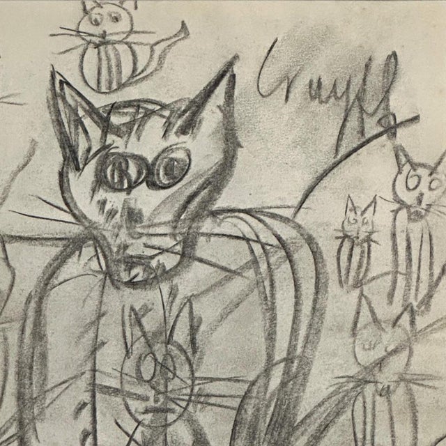 Modern Dutch Artist, Expressive Cat with Kittens, Pencil Drawing, 1966, Framed For Sale - Image 3 of 11