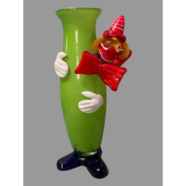 Glass Vintage Murano Multi Colored Art Glass Figural Clown 11.25" Green & Red Vase For Sale - Image 7 of 7