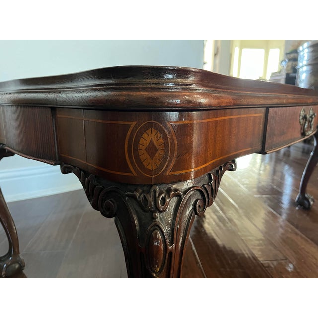 Chippendale Style Ball and Claw Foot, Cabriole Legs, Leather Top With Inlaid Rectangular Mahogany Coffee Table For Sale - Image 9 of 10