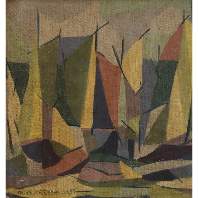 1955 Mid-Century Modern 'Woodland Rhythm' Vintage Swedish Abstract Cubist Landscape Oil Painting, Framed For Sale - Image 9 of 11