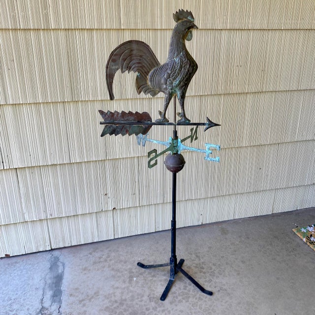 Copper Rooster Weathervane With Directionals (N, E, S, W) and Crown Roof Mount For Sale - Image 4 of 16