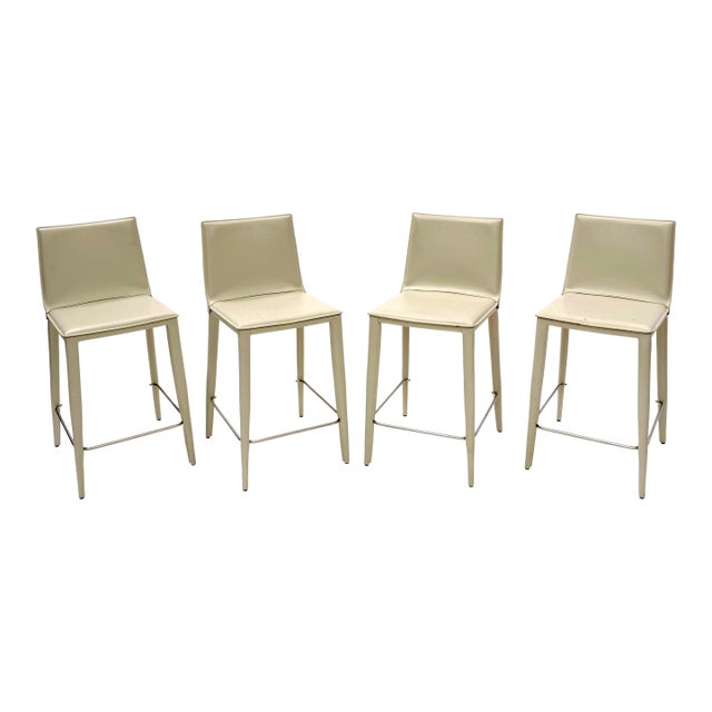 Set of 4 Italian Frag Leather Counter Stools – Handcrafted Ivory Saddle Leather, Minimalist Modern Design For Sale