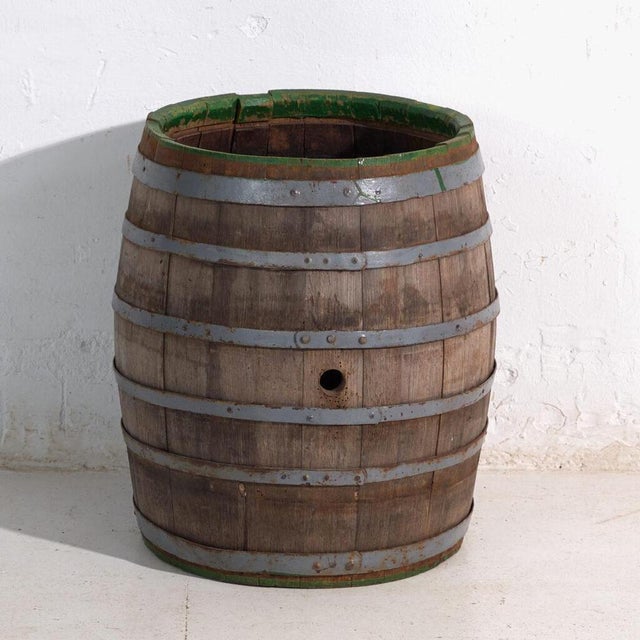 Metal Vintage Wooden Barrel with Iron Straps, Central Europe, 1920 For Sale - Image 7 of 7