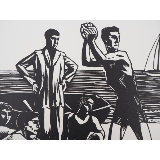 Raphael Drouart, Basque Country, Games on the Beach, 1928, Original Woodcut For Sale - Image 4 of 6