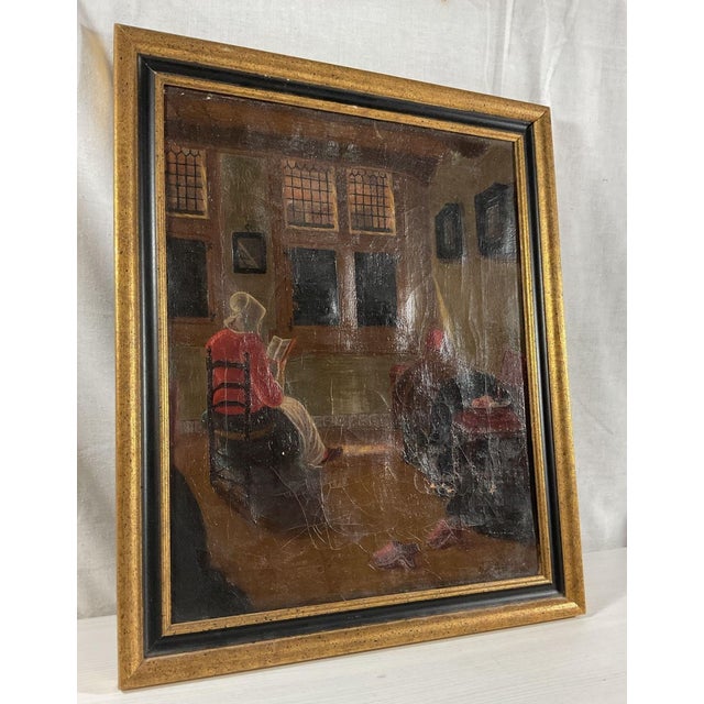 Realism Antique 1920 Dutch Interior Oil Painting M Fenneker After Pieter De Hooch For Sale - Image 3 of 8