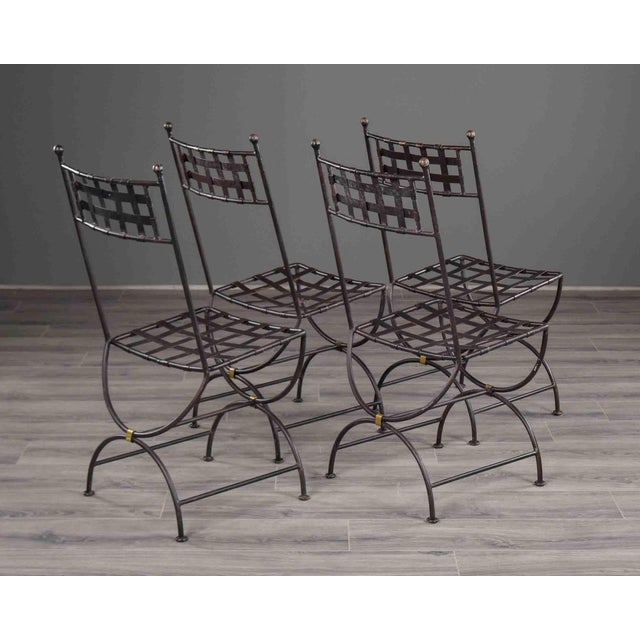 Dark Gray Set of Four French Iron Curule Side Chairs With Woven Strap Seats For Sale - Image 8 of 12